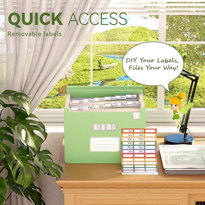 Accordion File Organizer, 13 Pockets Wheat Straw Expanding File Folder, Portable Monthly Paper Bill Tax Receipt Organizer, Letter A4 Size Document Holder with Colorful Tab - Grass Green