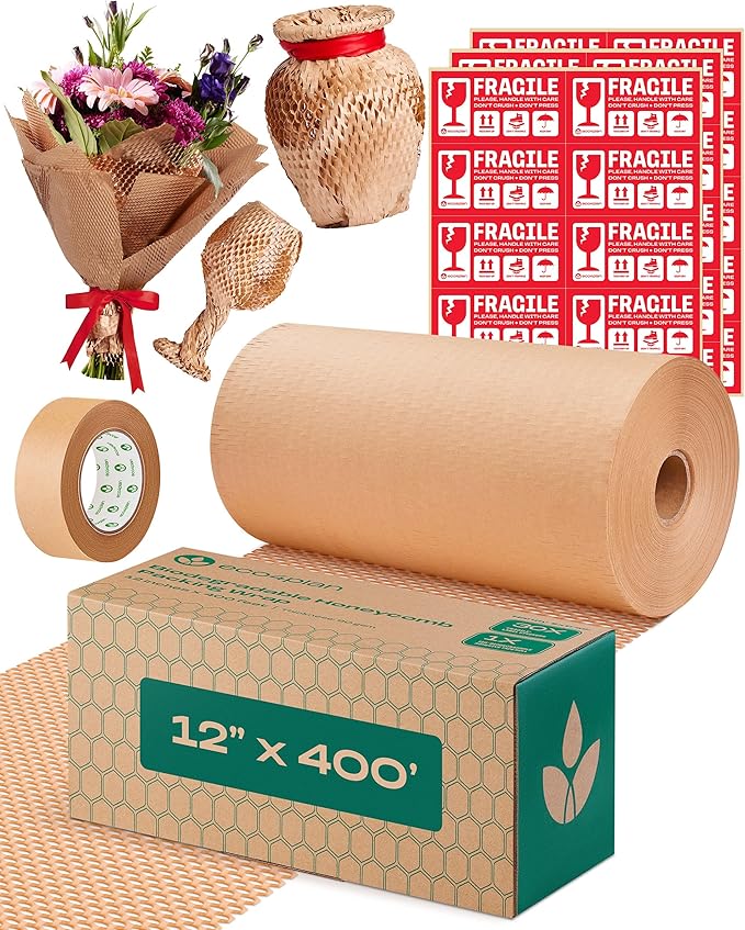 Honeycomb Packing Paper | Extra Thick 90 GSM Packing Wrap | Biodegradable Packing Materials: 12” x 400’ Moving Paper + 195’ Cellulose Adhesive Tape + 30 Fragile Stickers | Paper Bubble Wrap