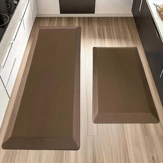 2 PCS Anti Fatigue Kitchen Mats for Floor, Brown 9/10 Extra Thick Cushioned Standing Desk Mat, Comfort Memory Foam Ergonomic Rugs and Mats Non-Slip Waterproof for Office, Kitchen, 20"x32"+20"x48"