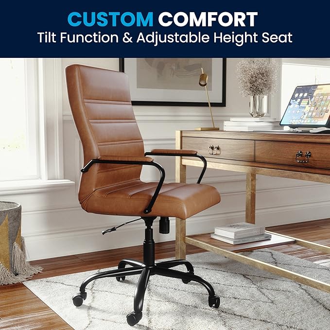 Flash Furniture Whitney High-Back Swivel LeatherSoft Desk Chair with Padded Seat and Armrests, Adjustable Height Padded LeatherSoft Office Chair, Brown/Black Gold