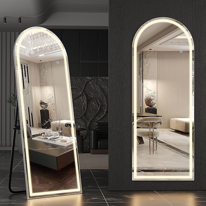 Arched Full Length Mirror with LED Lights, 63"x20" Body Floor Mirror with Dimming & 3 Color Lighting, LED Mirrors for Home Decor, Tall Arch Aluminum Frame Mirrors for Bedroom Cloakroom