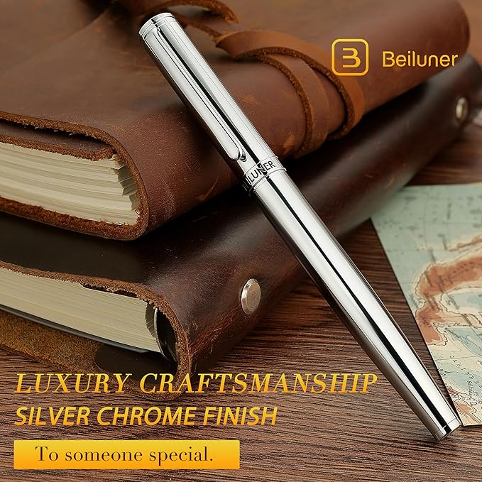 BEILUNER Luxury Silver Grey Rollerball Pen with Chrome Trim, Schmidt Ink Refill, Gift Case, Best for Men's Executive Office, Unisex