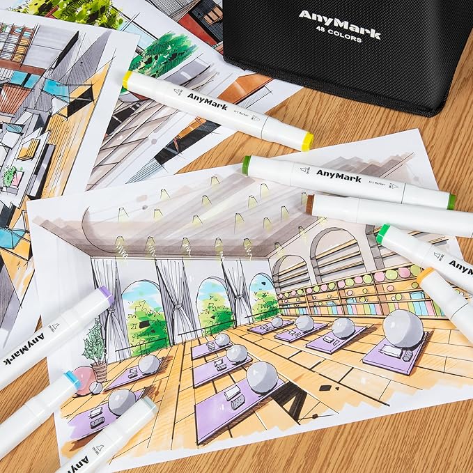 AnyMark Alcohol Markers, 48 Colors Dual Tip Art Coloring Markers Set for Kids Adult Book Drawing Sketching Painting, Chisel & Fine, White Penholder