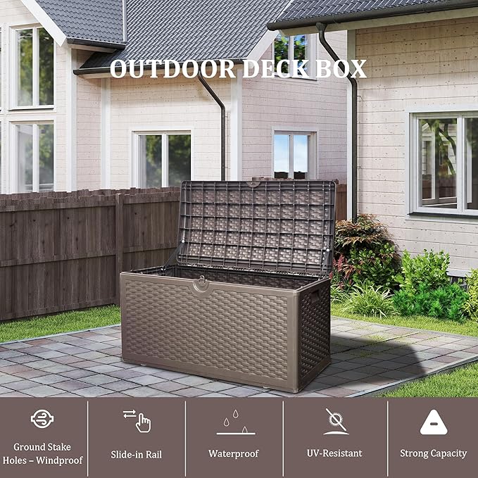 80 Plus Gallon Outdoor Storage Box, Waterproof Resin Deck Box Outdoor Storage Bin for Patio, Poolside, and Garden, Lockable & UV-Resistant, Ideal for Small Spaces, Brown