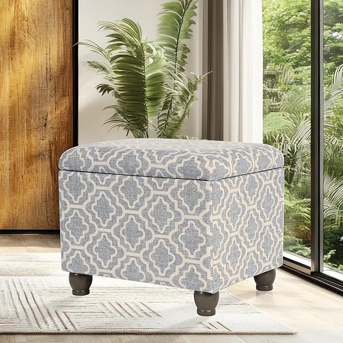 Home Decor | Upholstered MediumRectangular Storage Ottoman | Hinged Lid Ottoman with Storage for Living Room & Bedroom,Gray Geometric