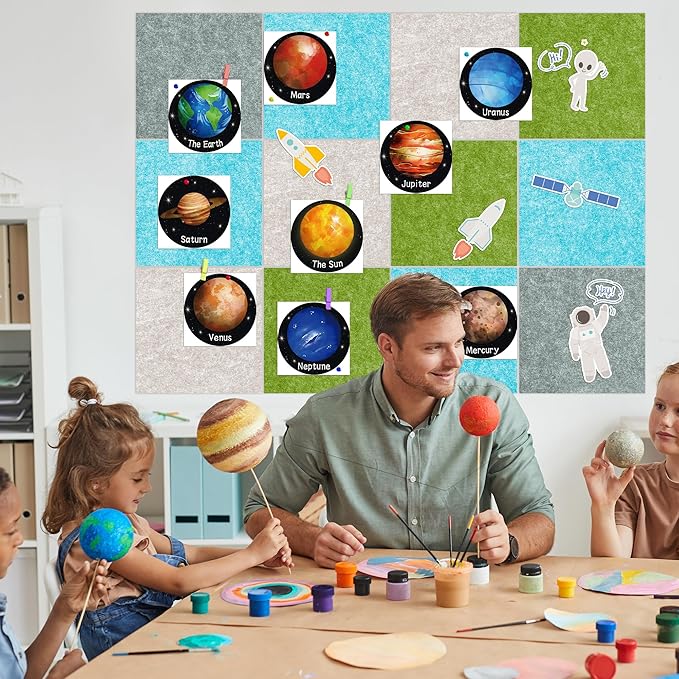 AKTOP Cork Bulletin Board 12x12, 1/2" Thick Felt Cork Board Tiles 12 Pack, Small Square Pin Board for Wall, Self Adhesive Corkboards with 120 Push Pin Wood Clips for School, Home & Office, Baby Blue