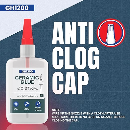 GH1200 Ceramic Glue Repair with Brush Applicator & Nozzle (20 g), Waterproof, Clear, Smooth. Fast Drying, Ceramic Glue for Pottery, Dishes, Mugs & More