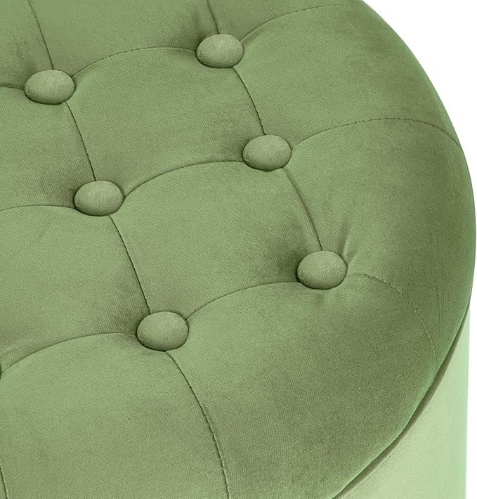 HomePop by Kinfine Fabric Upholstered Round Storage Ottoman - Velvet Button Tufted Ottoman with Removable Lid, Dark Green Small
