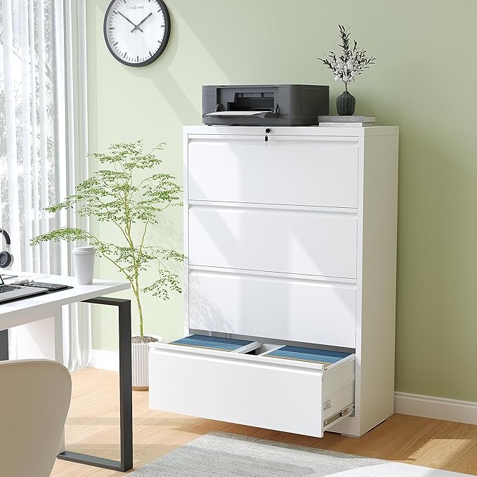 4 Drawer Lateral File Cabinet, Metal Filing Cabinets for Home Office, Steel Storage Wide File Cabinet for Letter/Legal/F4/A4 Size with Hanging Bars, Assembly Required (White)