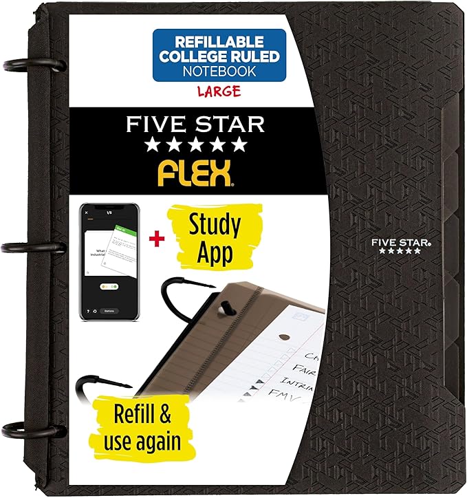 Five Star Flex Refillable Notebook + Study App, College Ruled Paper and 1 Inch TechLock Ring Binder with Pockets, Tabs and Dividers, 200 Sheet Capacity, Black (29328AA2)
