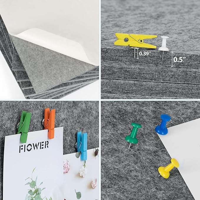 AKTOP Cork Bulletin Board 12x12, 1/2" Thick Felt Cork Board Tiles 12 Pack, Small Square Pin Board for Wall, Self Adhesive Corkboards with 120 Push Pin Wood Clips for School, Home & Office, Grey