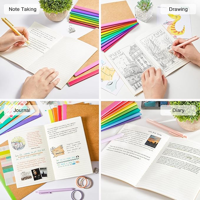 feela 96 Pack Composition Notebooks Bulk, Kraft Cover Lined Blank College Ruled Composition Travel Journals with Rainbow Spines For Women Students Business, 60 Pages, 8.3”x 5.5”, A5, 8 Colors