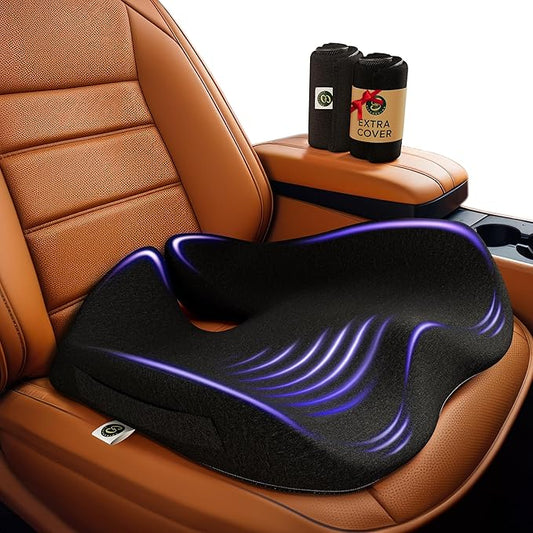 Car Seat Cushion for Driving — Orthopedic Memory Foam Car Seat Pad for Sciatica, Tailbone, and Back Pain Relief for Long Drives. Bonus: with Extra Non-Slip/Washable Cover(Black)