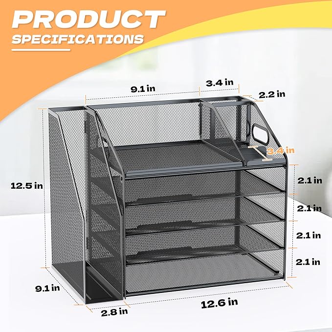 DocNest 5 Tier Paper Letter Tray File Organizer, Mesh Desk File with Handle, Workspace Desk Organizers with Pen Holder, Office Organization Storage Accessories - Black
