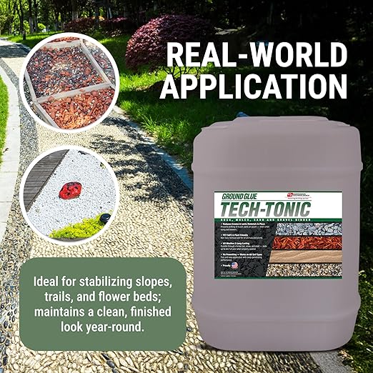 Ground Glue Tech-Tonic Landscape Adhesive for Rock, Mulch, and Sand, Weatherproof Long-Lasting Stabilizer for Trails & Slopes, Pet-Safe Binder for Pea Gravel, Bark & Flower Beds, 5 Gallon Tote