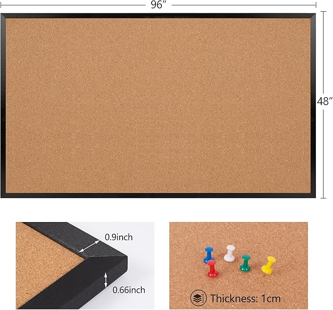 Board2by Extra Large Cork Bulletin Board 96" X 48", Black Wood Framed 8'x4' Corkboard for Wall, Wall Mounted Notice Pin Board with 18 Push Pins for School, Home & Office