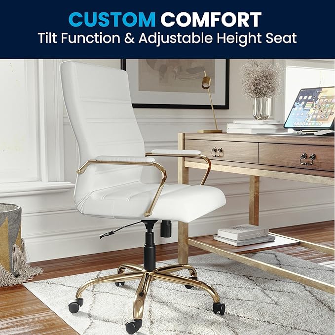 Flash Furniture Whitney Mid-Back Swivel LeatherSoft Desk Chair with Padded Seat and Armrests, Adjustable Height Padded Office Chair, 27"D x 26"W x 43"H, White/Gold