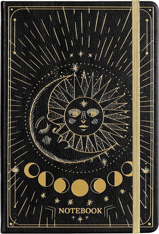 Artfan Ruled Notebook/Journal – Premium Thick Paper Faux Leather Classic Writing Notebook with Pocket + Page Dividers Gifts, Banded, Large, 144 Pages, Hard Cover, Lined (5.8 x 8.4) - Sun and Moon