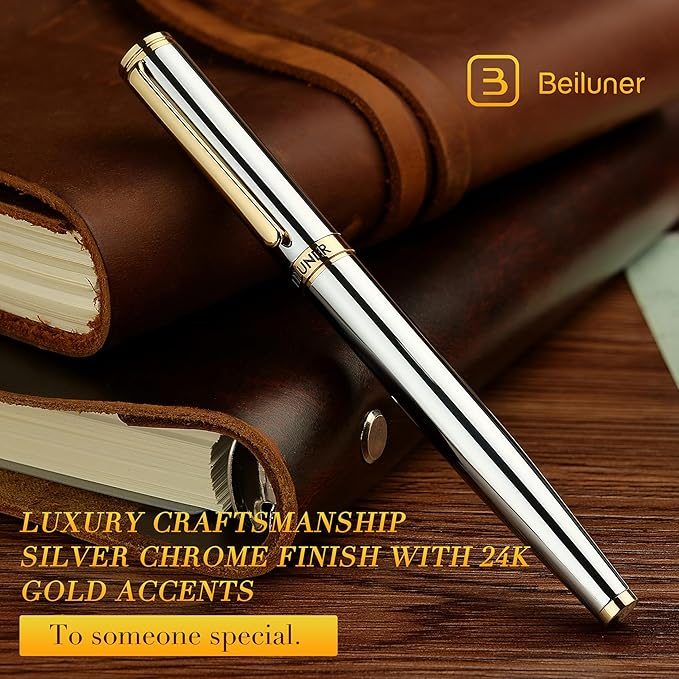 BEILUNER Silver Chrome Fountain Pen,Stunning Luxury Pens with 24K Gold Accents, Gorgeous 24K Gilded Nib(Medium), Ink Converter,Fancy Pen Gift for Men&Women-Elegant, Office, Executive,Nice for Writing