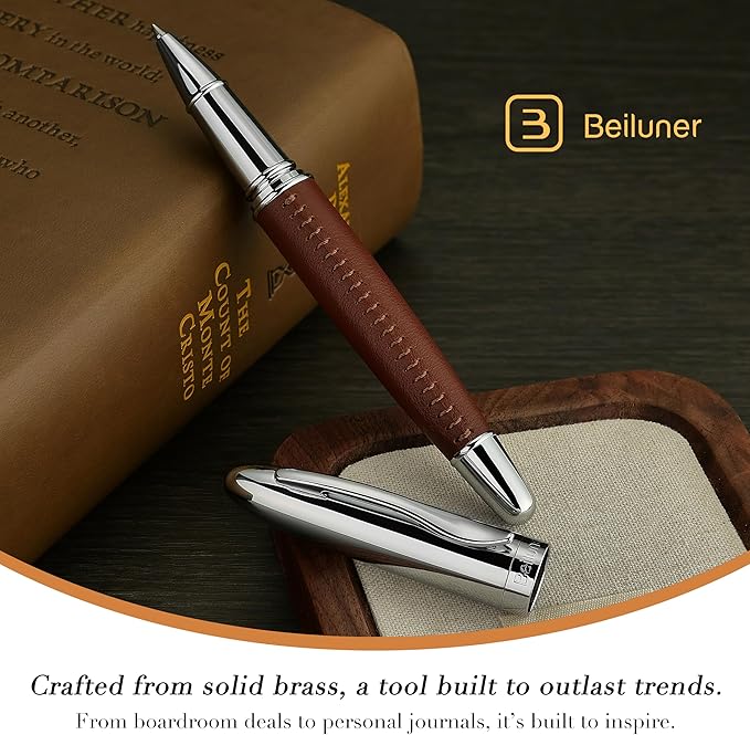 BEILUNER 318 Luxury Leather Pen, Hand-Stitched Premium Leather, Chrome-Plated Finish, Schmidt Ink Refill, Fancy Rollerball Pen Gift Set for Men & Women, Executive Writing, Nice Designer pen