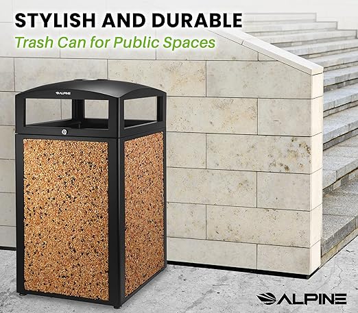 Alpine Outdoor Commercial Trash Can with Lid - 40 Gallon Heavy Duty Metal Garbage Can with Removable Bin, Locking Lid & a Modern Look in Park & High Traffic Areas (Black, Brown Stone Panels with Tray)