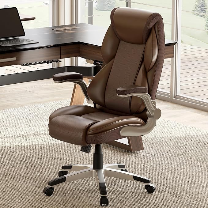 EUREKA ERGONOMIC Executive Office Chair Flip Up Arm Rest, Ergonomic Desk Chair Faux Leather Computer Chair, High Back Office Chair with Headrest, Home Office Desk Chairs with Wheels, Brown