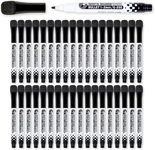 Glassboard Studio Black Fine Tip Dry Erase Markers Bulk 36-Pack with Magnetic Eraser Cap and Low Odor Ink for White Boards at School, Work, or Home