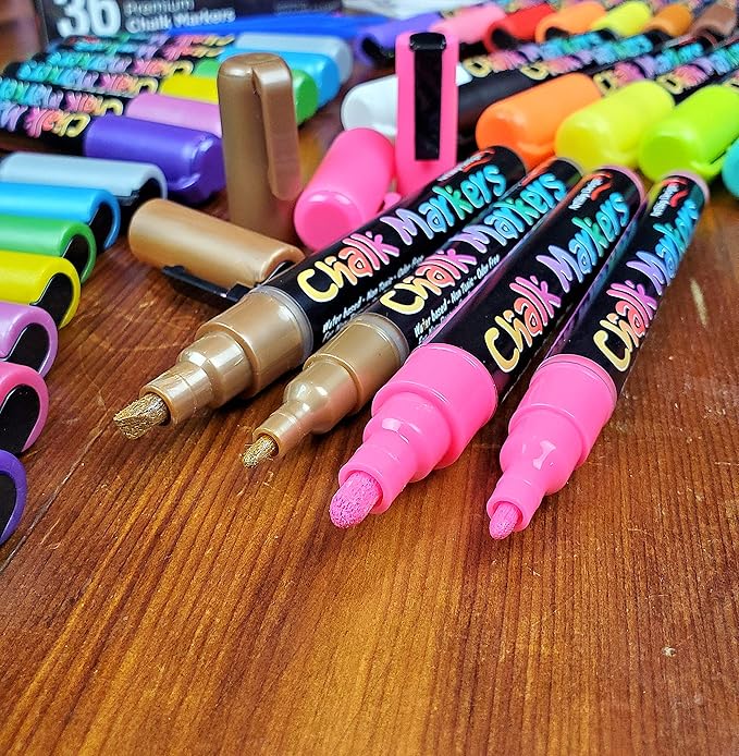 ArtShip Design 36 Chalk Markers Double Pack of Both Fine & Reversible Medium Tip Liquid Chalk Pens with Labels & Tip Tweezers Wet Erase Menu Boards, Windows, Mirrors, Non-Porous Chalkboards, Metal