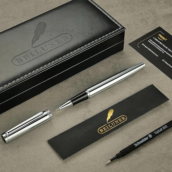 BEILUNER Luxury Silver Grey Rollerball Pen with Chrome Trim, Schmidt Ink Refill, Gift Case, Best for Men's Executive Office, Unisex
