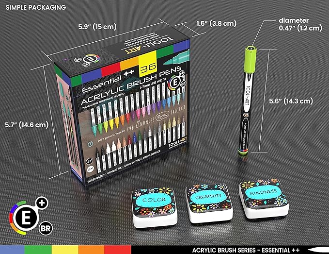 36 Flexible Brush Tip Acrylic Paint Pens Markers Set 1-7mm Line for Rock Painting, Brush Lettering, Scrapbooking, Glass, Mugs, Wood, Metal, Canvas, Fabric, Plastic. Non Toxic Waterbased Quick Drying