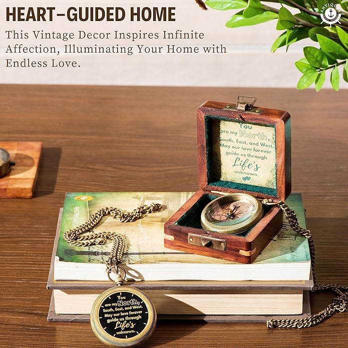 Brass Compass with Wooden Box - Graduation Gifts, Pirate Accessories & Baptism Gift For Boys, Steampunk Travel Decor Compasses For Missionary, Inspirational and Sentimental Compass