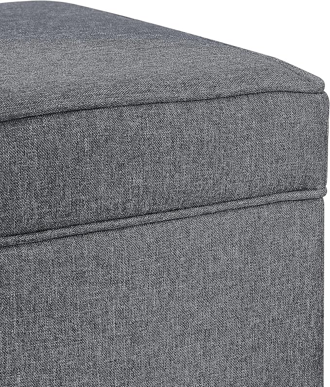 Adeco 17.5" Square Fabric Ottoman with Storage, Upholstered Cotton Linen Foot Rest, Flip Top Footstool, Small Cube Coffee Table Extra Seat for Living Room, Bedroom, Grey with Rolling Legs