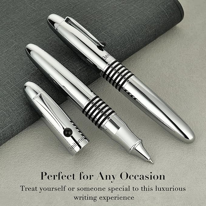 BEILUNER 320 Silver Chrome Rollerball - Stunning Luxury Pen with Chrome Finish, EDC, Heavy, Schmidt Black Ink Refill, Best Gift Set for Men & Women, Professional, Executive Office, Nice Classic Pens