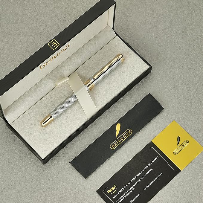 BEILUNER Lighthouse series Rollerball pen, Silver Chrome pen body, exquisite vertical lines, Schneider 850 refill, suitable for men, office, professionals, exquisite and chic designer pen